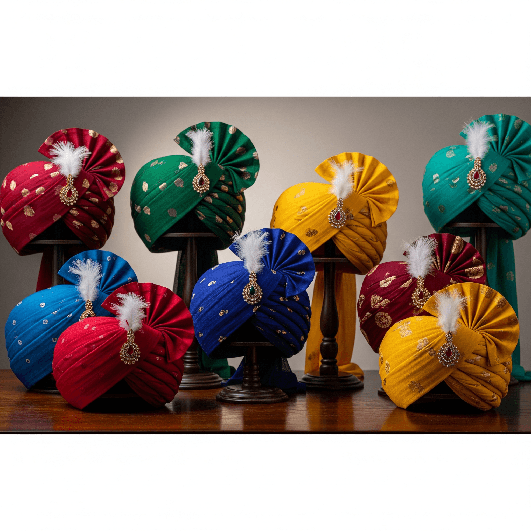 A collection of colorful, expertly tied turbans