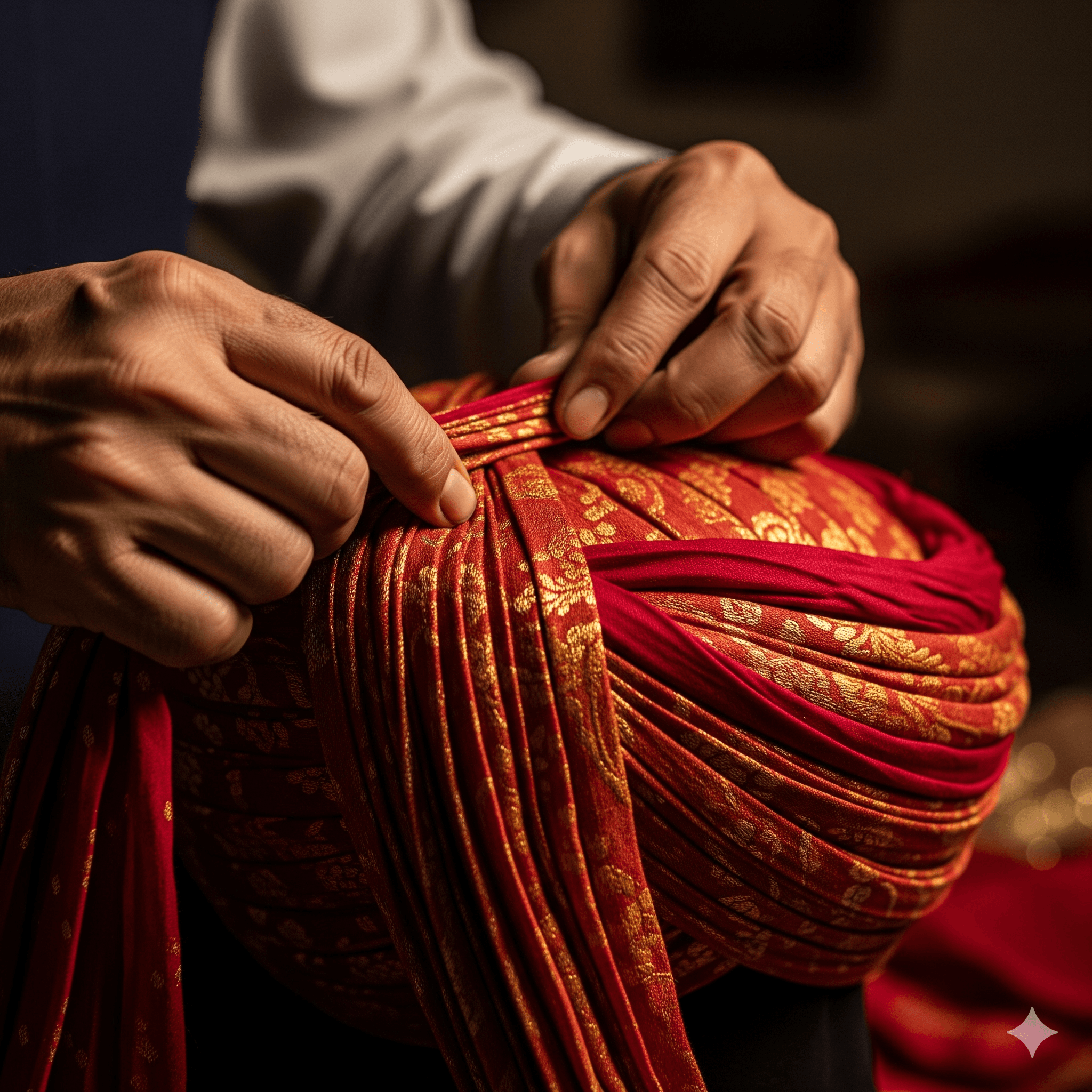 Artisan carefully tying a traditional turban